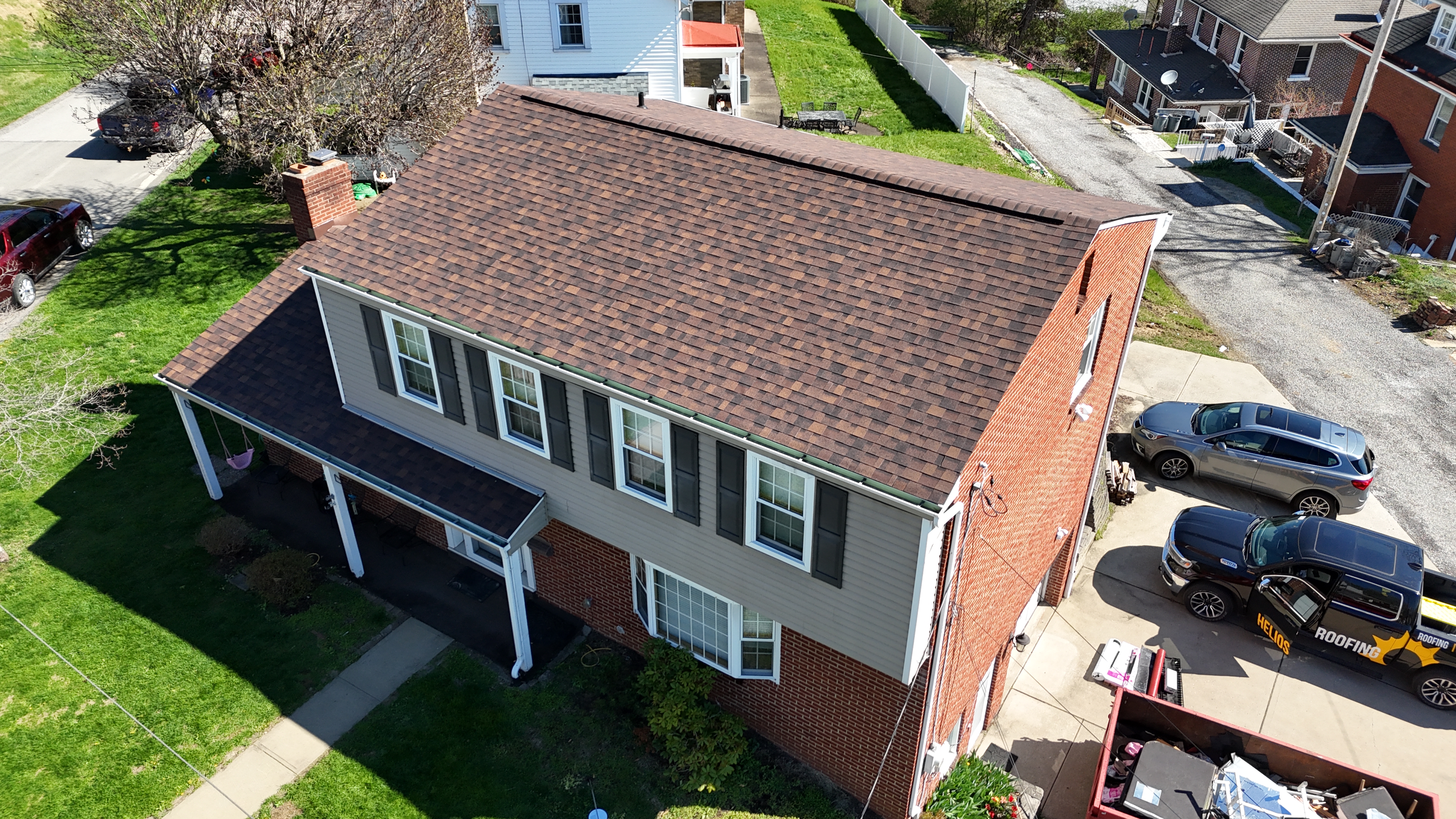 Aerial drone view of completed re-roof, Pittsburgh PA