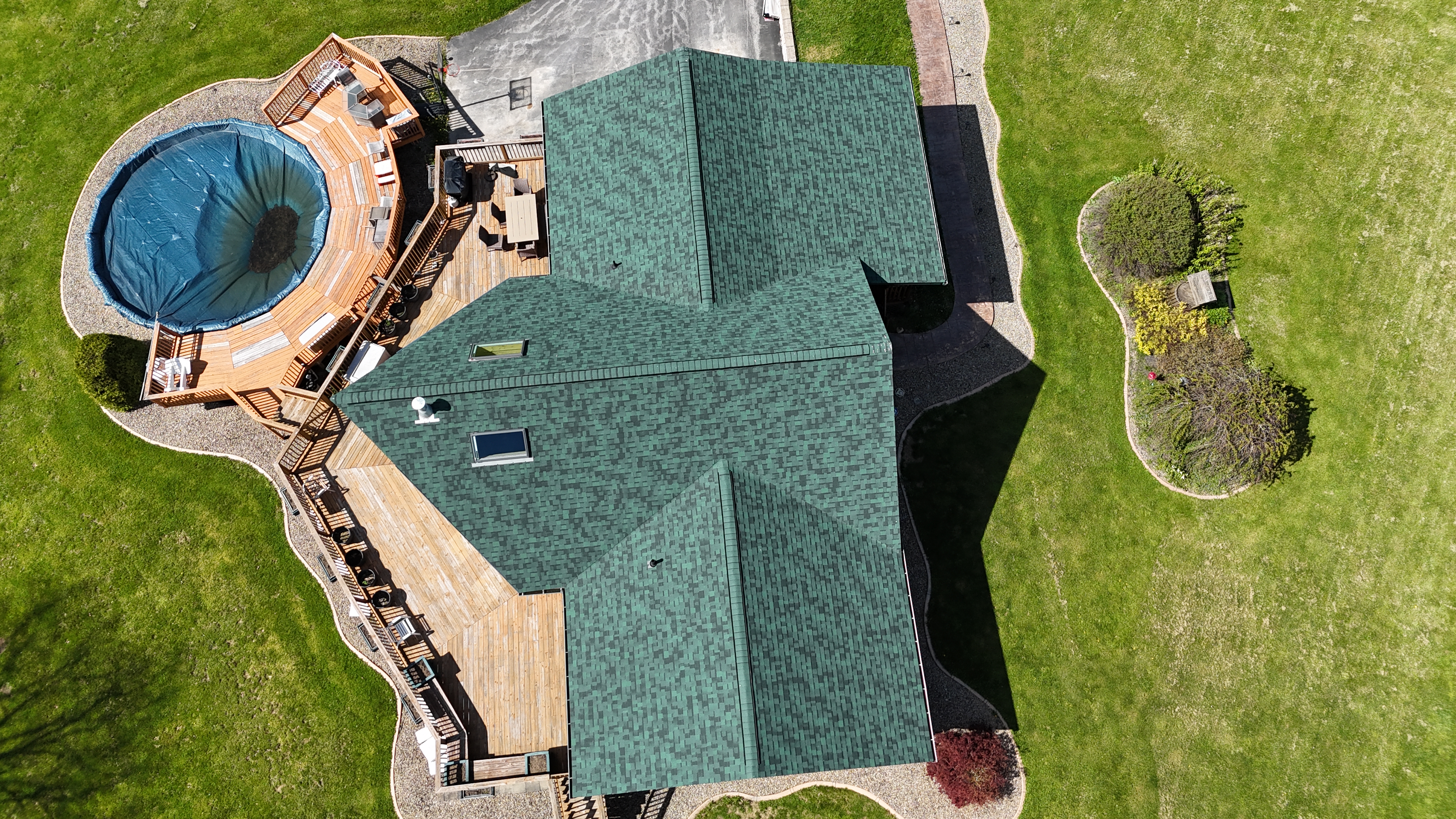 Aerial drone view of completed re-roof, Pittsburgh PA