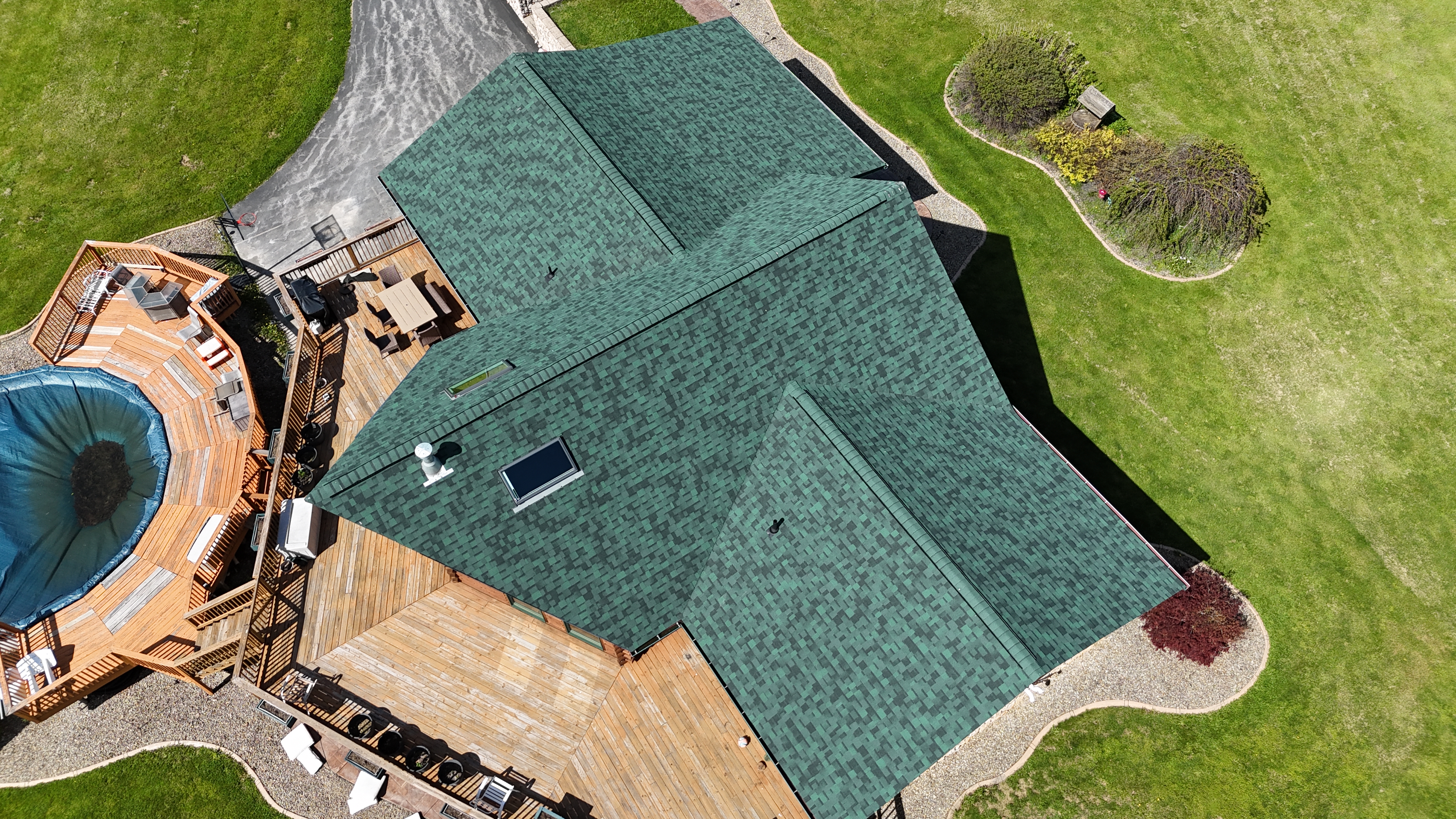 Aerial drone view of completed re-roof, Pittsburgh PA