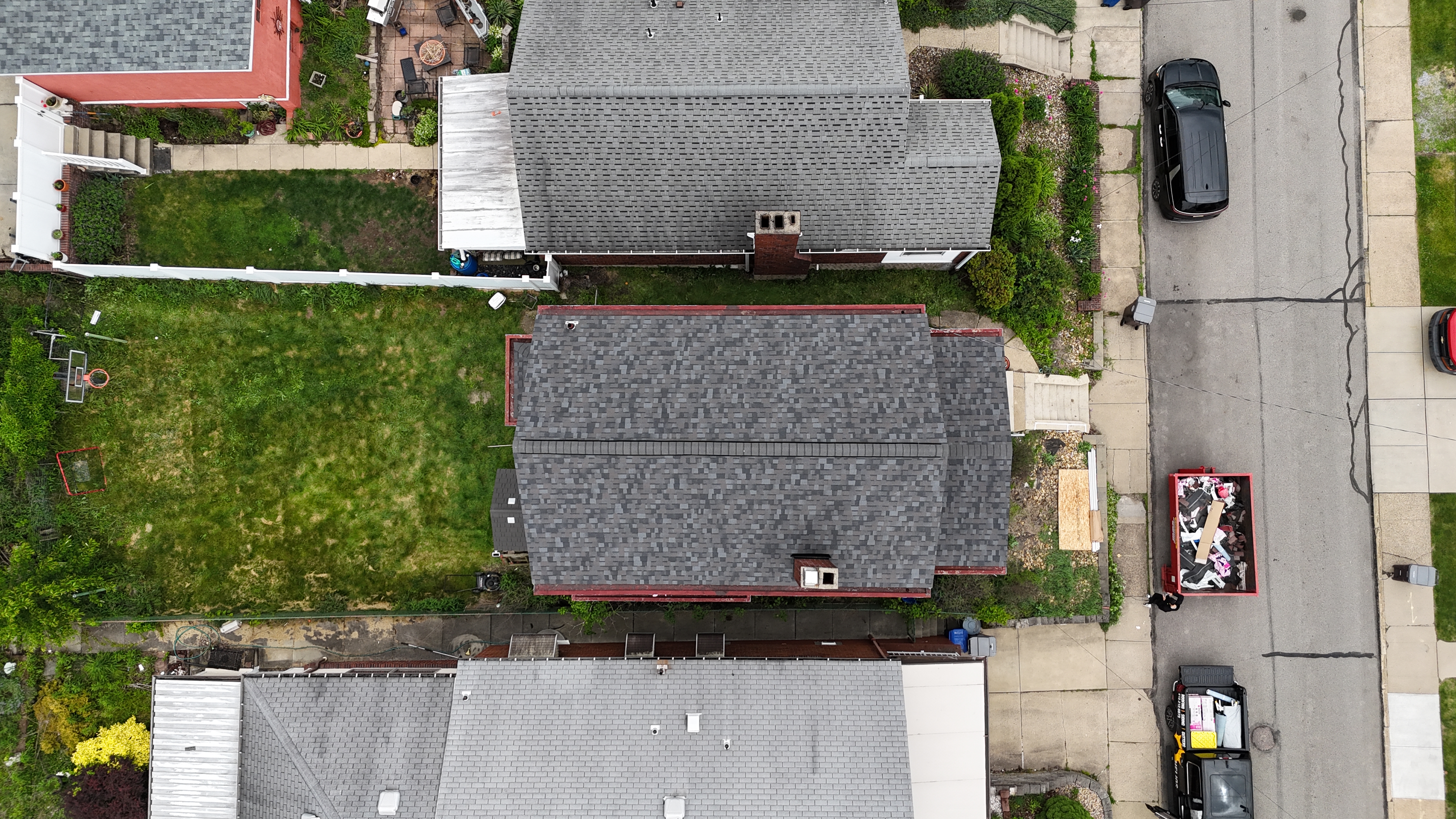 Aerial drone view of completed re-roof, Pittsburgh PA